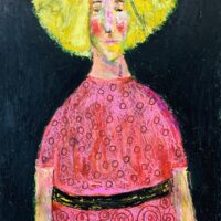 Oil pastel portrait painting of a woman with a big yellow hair by Katie Jeanne Wood