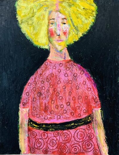 Oil pastel portrait painting of a woman with a big yellow hair by Katie Jeanne Wood