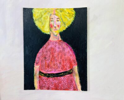 Oil pastel portrait painting of a woman with a big yellow hair by Katie Jeanne Wood