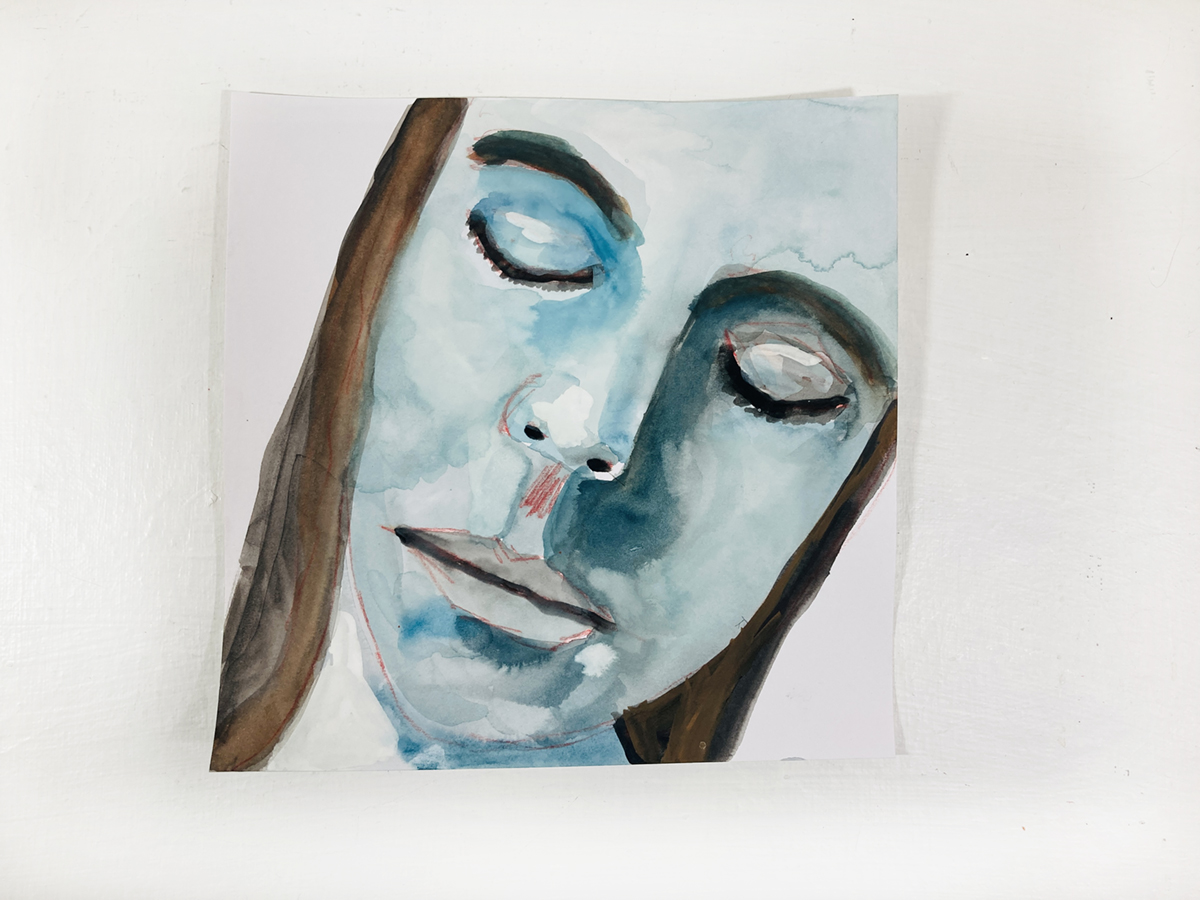 Blue watercolor & gouache portrait painting of a girl by Katie Jeanne Wood