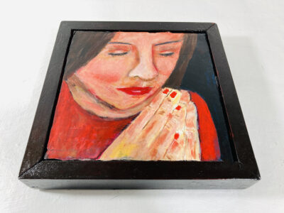 Acrylic portrait painting of a girl praying or meditating with a heavy handmade mahogany frame