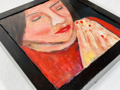 Acrylic portrait painting of a girl praying or meditating with a heavy handmade mahogany frame