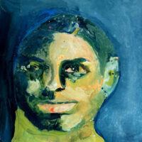 Blue watercolor & gouache portrait painting of a boy by Katie Jeanne Wood