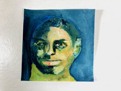 Blue watercolor & gouache portrait painting of a boy by Katie Jeanne Wood