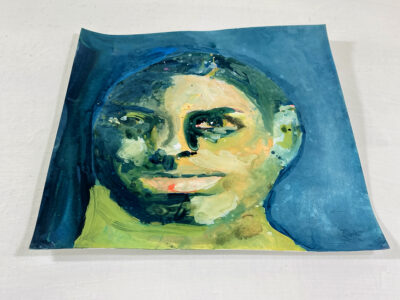 Blue watercolor & gouache portrait painting of a boy by Katie Jeanne Wood