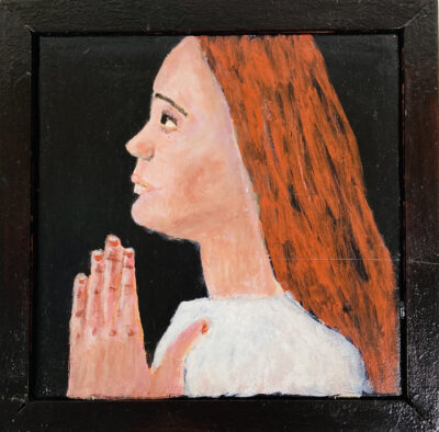 Acrylic portrait painting of a girl praying or meditating with a heavy handmade mahogany frame