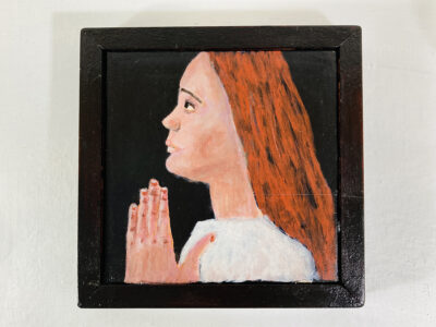 Acrylic portrait painting of a girl praying or meditating with a heavy handmade mahogany frame