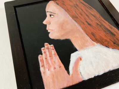 Acrylic portrait painting of a girl praying or meditating with a heavy handmade mahogany frame