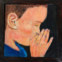 Acrylic portrait painting of a boy praying or meditating with a heavy handmade mahogany frame