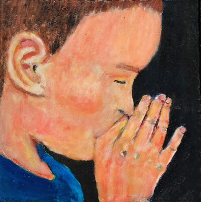 Acrylic portrait painting of a boy praying or meditating with a heavy handmade mahogany frame