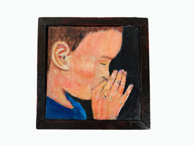 Acrylic portrait painting of a boy praying or meditating with a heavy handmade mahogany frame