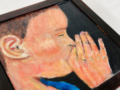 Acrylic portrait painting of a boy praying or meditating with a heavy handmade mahogany frame