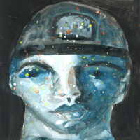 Blue watercolor & gouache portrait painting of a boy wearing a baseball cap by Katie Jeanne Wood