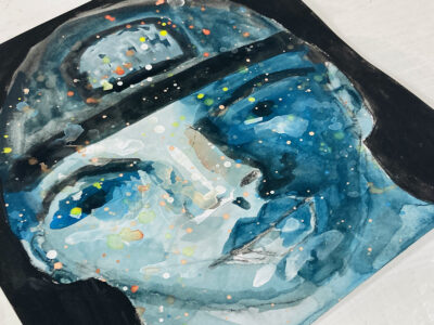 Blue watercolor & gouache portrait painting of a boy wearing a baseball cap by Katie Jeanne Wood