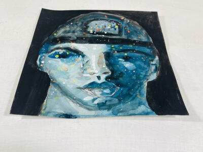 Blue watercolor & gouache portrait painting of a boy wearing a baseball cap by Katie Jeanne Wood