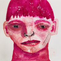 Pink watercolor & gouache portrait painting of a boy by Katie Jeanne Wood