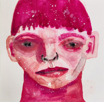 Pink watercolor & gouache portrait painting of a boy by Katie Jeanne Wood