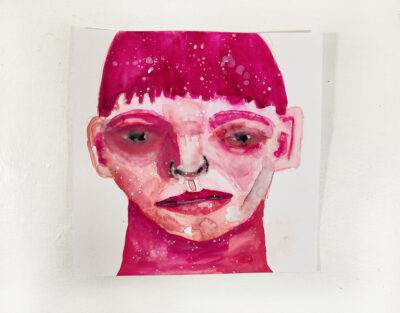 Pink watercolor & gouache portrait painting of a boy by Katie Jeanne Wood