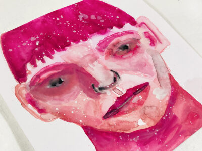 Pink watercolor & gouache portrait painting of a boy by Katie Jeanne Wood