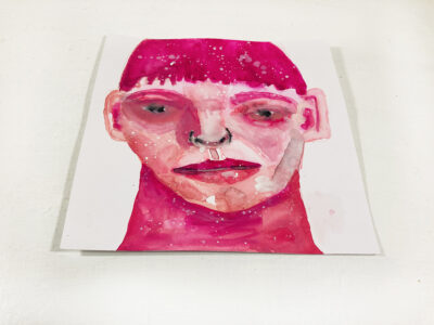 Pink watercolor & gouache portrait painting of a boy by Katie Jeanne Wood