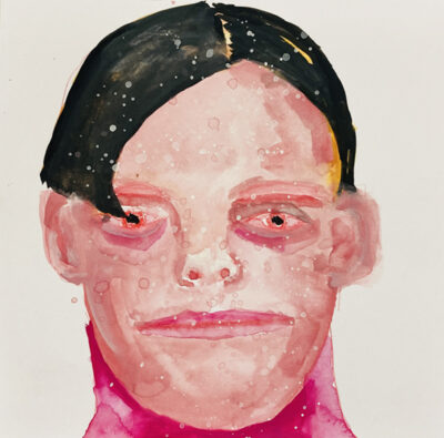 Pink watercolor & gouache portrait painting of a boy by Katie Jeanne Wood