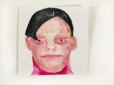 Pink watercolor & gouache portrait painting of a boy by Katie Jeanne Wood