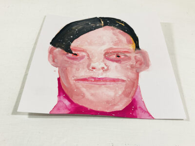 Pink watercolor & gouache portrait painting of a boy by Katie Jeanne Wood