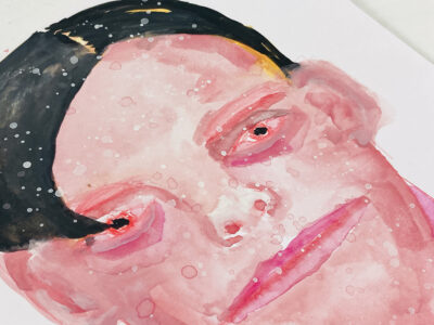 Pink watercolor & gouache portrait painting of a boy by Katie Jeanne Wood