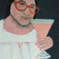 Acrylic portrait painting of a woman with a pink drink in hand by Katie Jeanne Wood