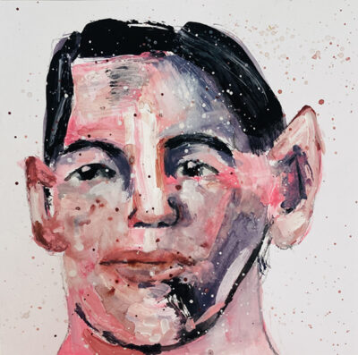 Mixed media man portrait painting created with chalk paint, craft paint, and gouache by Katie Jeanne Wood