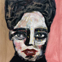 Mixed media woman portrait painting created with chalk paint, craft paint, and gouache by Katie Jeanne Wood
