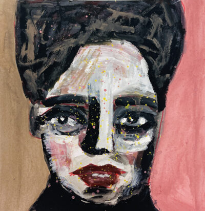 Mixed media woman portrait painting created with chalk paint, craft paint, and gouache by Katie Jeanne Wood