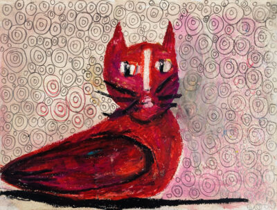 Oil pastel painting of a humanoid cat bird by Katie Jeanne Wood