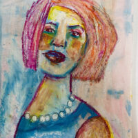 Oil pastel painting of a woman going on a dinner date by Katie Jeanne Wood