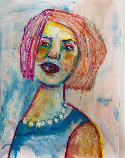 Oil pastel painting of a woman going on a dinner date by Katie Jeanne Wood