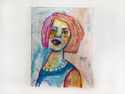 Oil pastel painting of a woman going on a dinner date by Katie Jeanne Wood