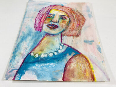 Oil pastel painting of a woman going on a dinner date by Katie Jeanne Wood