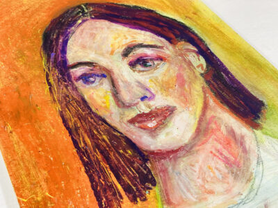 Oil pastel painting of a woman in the sun by Katie Jeanne Wood