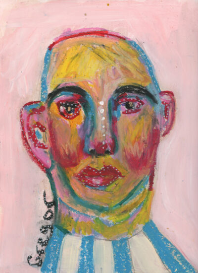 Oil pastel painting of a bald man named Gregor by Katie Jeanne Wood