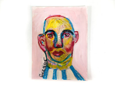 Oil pastel painting of a bald man named Gregor by Katie Jeanne Wood