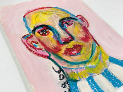 Oil pastel painting of a bald man named Gregor by Katie Jeanne Wood