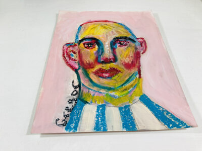 Oil pastel painting of a bald man named Gregor by Katie Jeanne Wood