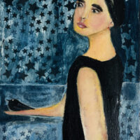 Acrylic mixed media collage figure painting of a girl and a black bird by Katie Jeanne Wood