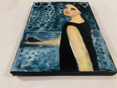 Acrylic mixed media collage figure painting of a girl and a black bird by Katie Jeanne Wood