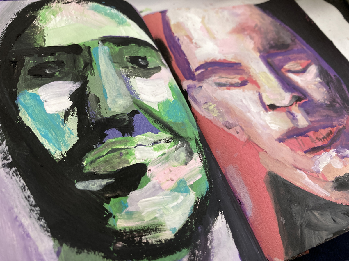 Art journal portrait paintings created with chalk paint, craft paint, and gouache by Katie Jeanne Wood. 
