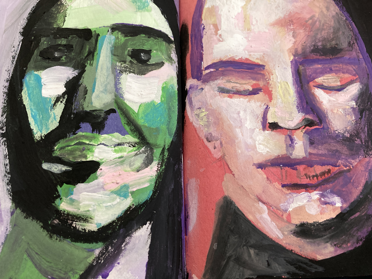 Art journal portrait paintings created with chalk paint, craft paint, and gouache by Katie Jeanne Wood. 
