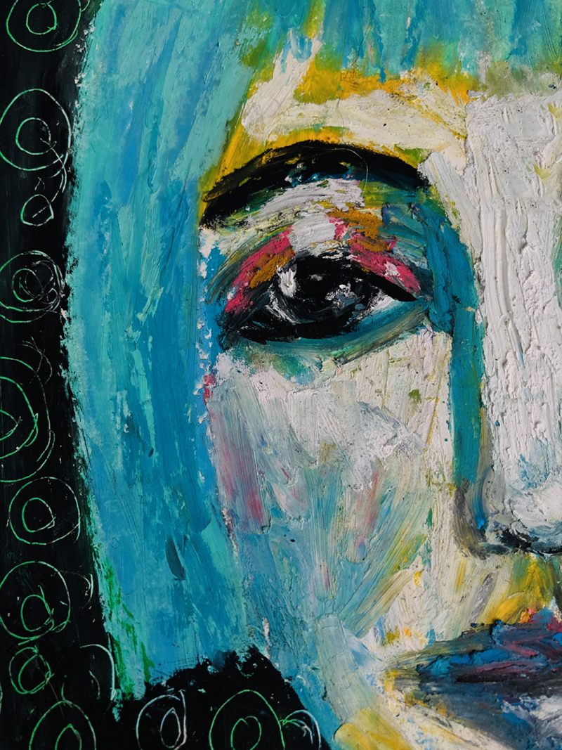 Sneak peek - oil pastel portrait painting of a blue lady 