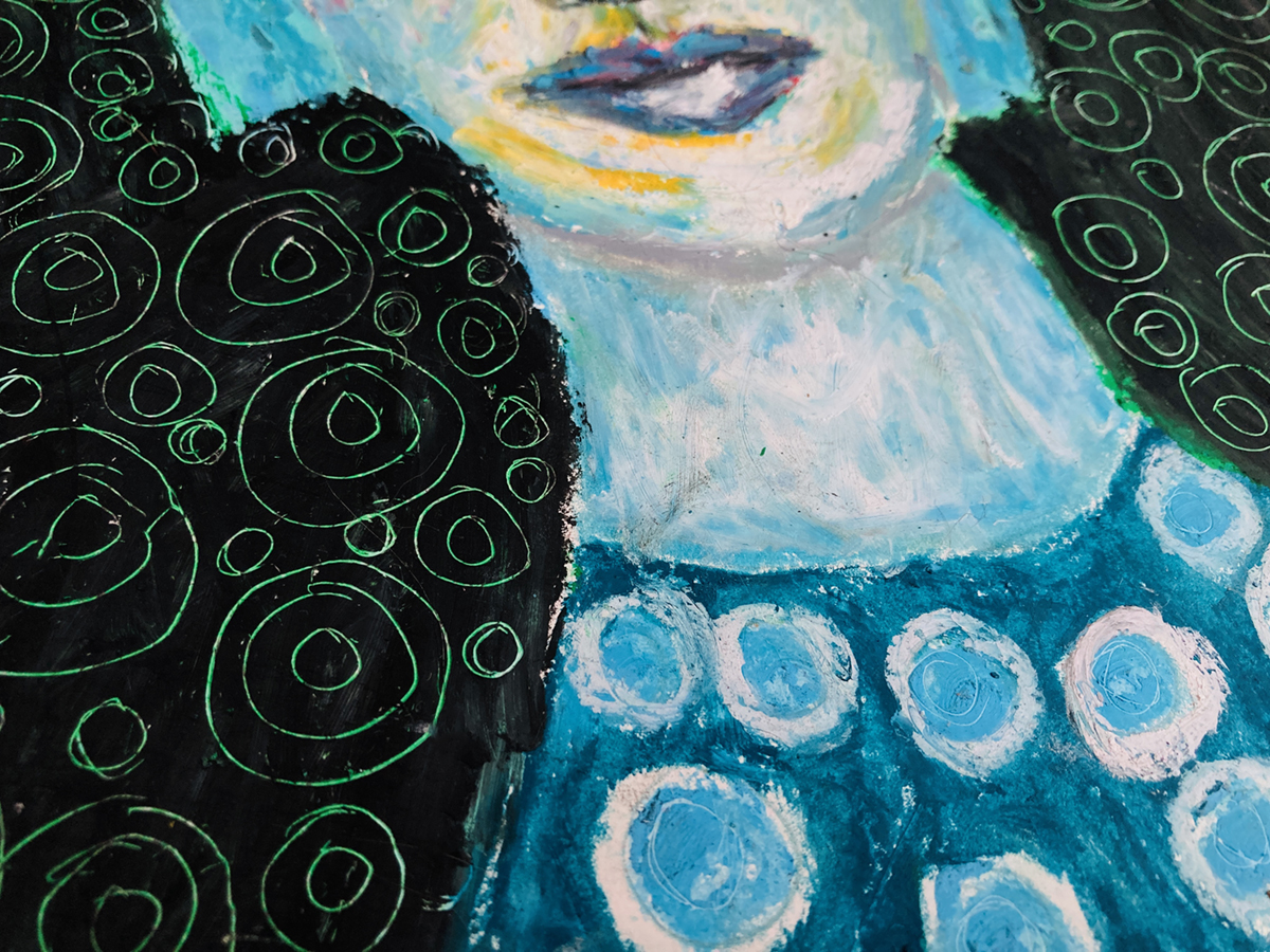 Sneak peek - oil pastel portrait painting of a blue lady 