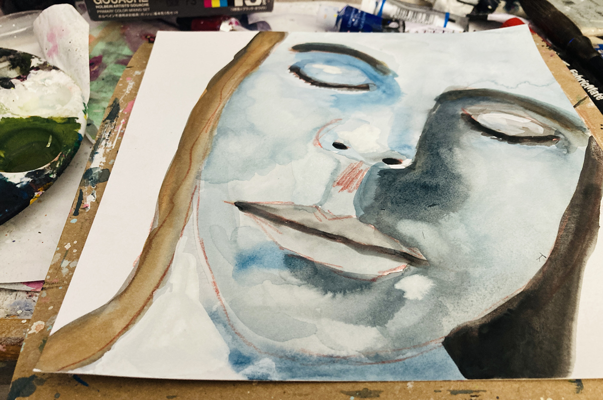 Katie Jeanne Wood - blue gouache portrait painting WIP Calm Abiding