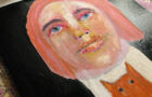 Woman & cat oil pastel portrait painting WIP by Katie Jeanne Wood